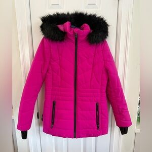 Michael Kors Fuchsia Puffer Jacket with Black Faux Fur Hood